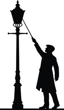 Lamplighter silhouette lighting old gas street lamp.