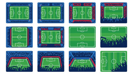 Collection of Soccer Field Illustrations with Stadium Crowd. © Sadar