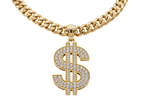 Golden dollar sign pendant necklace on checkered background with sparkling gems