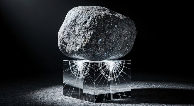 A massive, rough granite boulder rests upon a fragile glass cube, creating hairline fractures as the weight intensifies in a dark space, dense, physics, failure