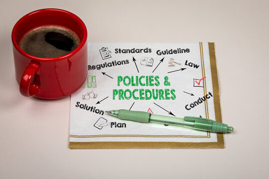 Policies and Procedures Diagram on Napkin With Coffee and Pen