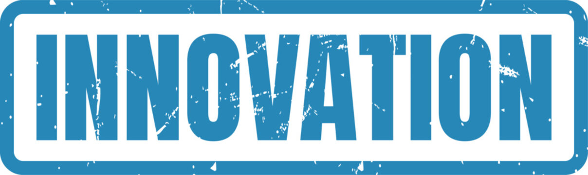 Blue rectangular rubber ink stamp with the word innovation printed in a bold block font