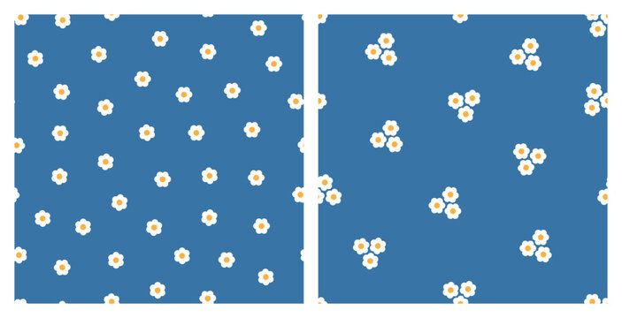 White Daisies Vector Two Seamless Blue Patterns.  Simple Daisy Flowers Floral Vector Backgrounds	