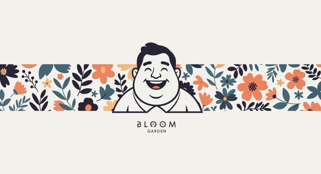 Happy smiling man with colorful floral pattern banner