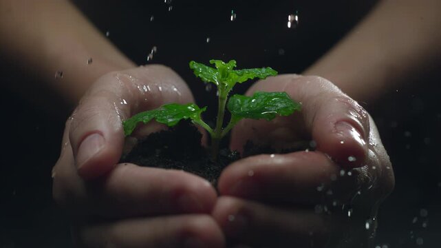Woman hands holding green seedling. Water drops falling on a sprout leaves over soil in slow motion. New eco life and waste concept. Plastic free. Earth day. ESG nature environment save