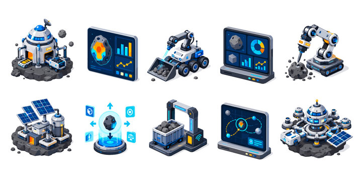 Futuristic space mining and processing facilities with advanced technology and data analysis