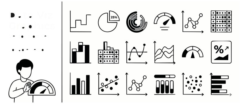 Data visualization vector icons set representing business charts and graphs for infographics, financial reports, dashboard statistics, analytics presentation, workflow progression, and metric tracking