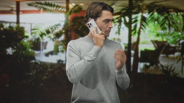Man holding smartphone to ear with open palm gesture, speaking intently in a plant filled building atrium wearing grey sweater; concern.