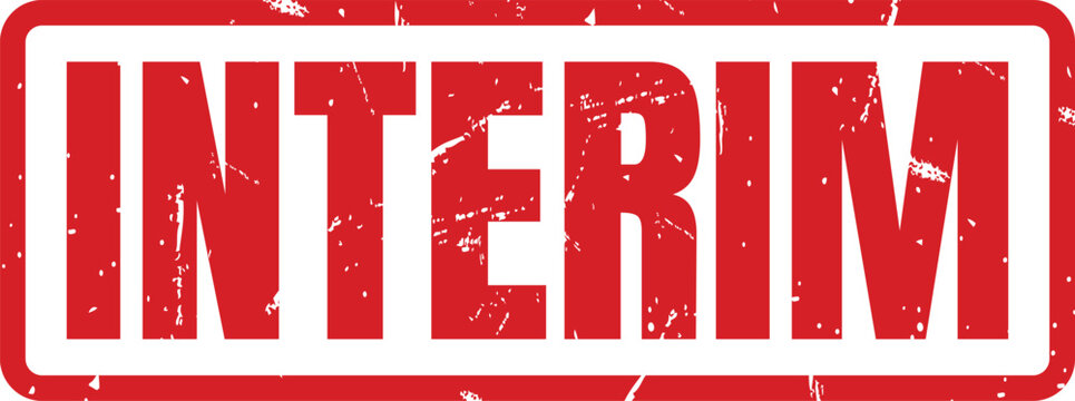 Red rubber stamp impression with the word interim in a rectangular border for business documents