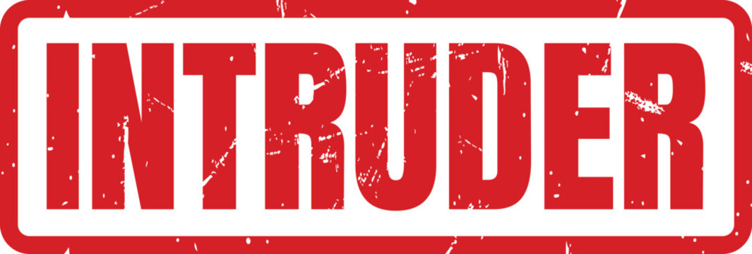 Red rubber stamp with the word intruder indicating unauthorized access for security and warning signs