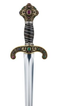 A detailed close-up shot of a sharp, antique ceremonial dagger with an ornate hilt, isolated on a stark white background, ceremonial, weapon, grip