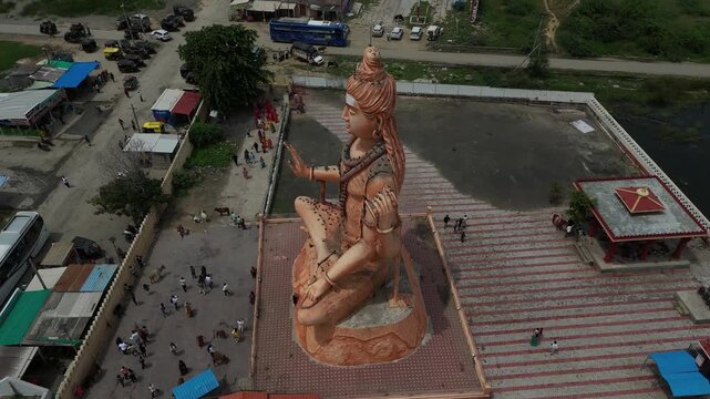 Aerial view of the giant Lord Shiva statue at Nageshwar Jyotirlinga Temple near Dwarka, Gujarat.