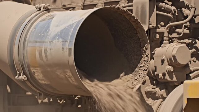 Industrial machine processing sand and gravel through a large pipe.