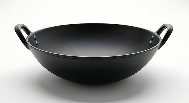 Black wok isolated on a white background, professional studio lighting