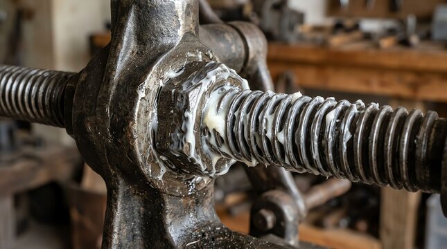 Close-up of a vintage metal screw jack used for lifting heavy objects in a workshop setting.