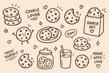 Hand Drawn Chocolate Chip Cookies Snack Doodle Vector Set with Cute Bakery Elements for Cafe Menu and Food Branding