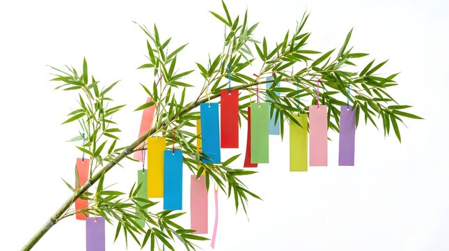Vector illustration of a red bamboo branch with fresh leaves isolated on a white background, perfect for nature and plant decoration