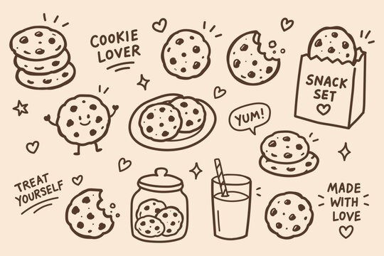 Hand Drawn Chocolate Chip Cookies Snack Doodle Vector Set with Cute Bakery Elements for Cafe Menu and Food Branding