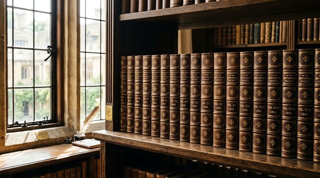 Interior view of a classic library with wooden bookshelves filled with leather-bound books and a large window letting in natural light.