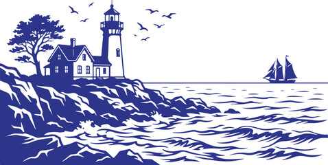 Seaside scene with a lighthouse, house, sailboat on ocean, and birds flying under a blue sky, detailed silhouette design. © Sadhin