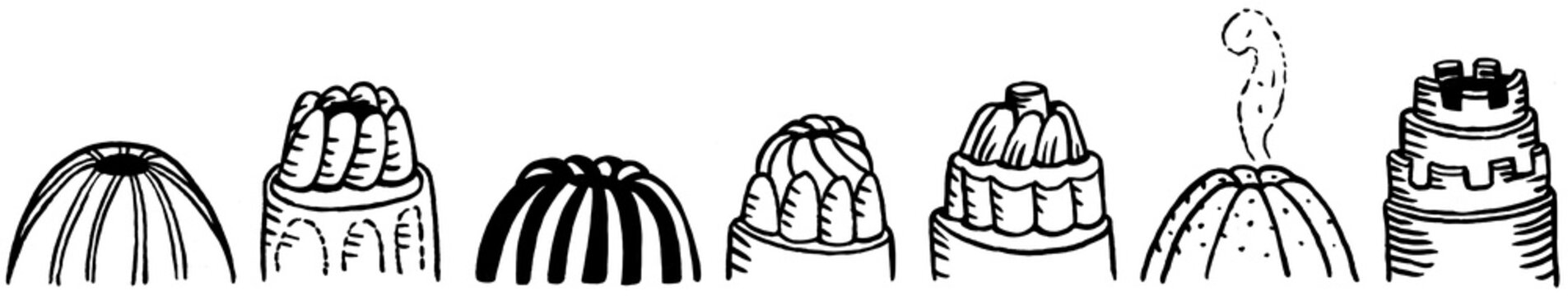 Dampfender Kuchen mit verschiedenen Backformen, Schwarz-Wei&szlig;-Illustration