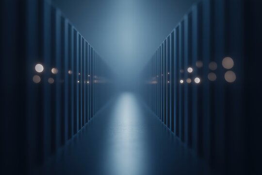 Symmetrical perspective of data center server racks with glowing lights, cool blue and metallic tones, representing digital infrastructure and technology