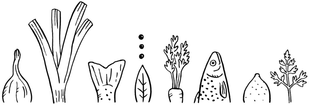 Saibling mit Wurzelgem&uuml;se und Zitrone, Schwarz-Wei&szlig;-Illustration
