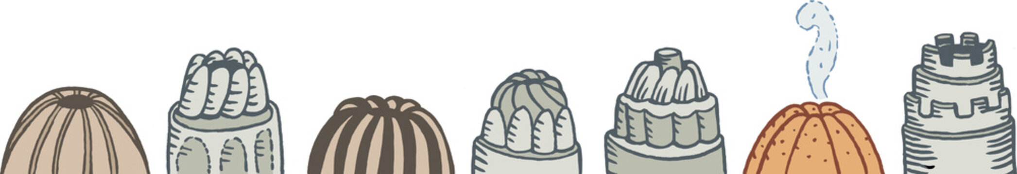 Dampfender Kuchen mit verschiedenen Backformen, Farb-Illustration