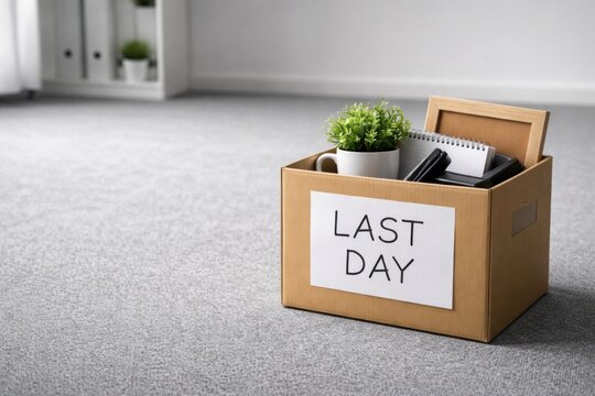 Moving box filled with office supplies for last day at work in modern workspace