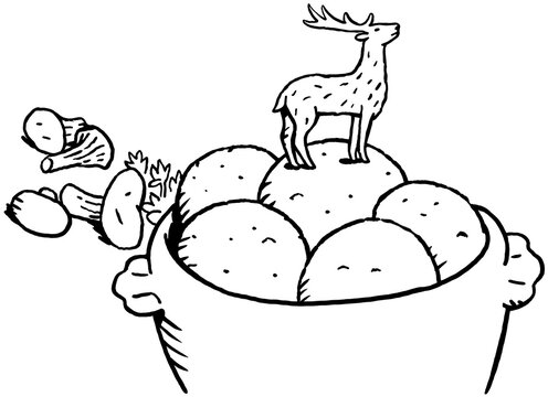 Sch&uuml;ssel mit Kl&ouml;&szlig;en, Pfifferlingen und Hirsch, Schwarz-Wei&szlig;-Illustration