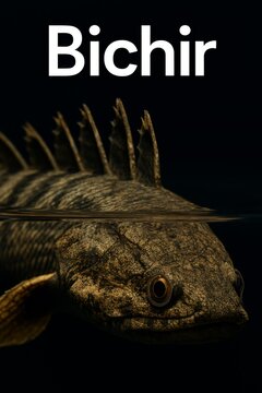 Primitive armored bichir head study crossing the air-water boundary