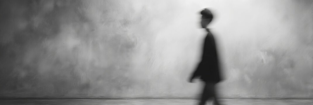 Silhouette of person walking past textured concrete wall, motion blur, anonymous figure, high contrast black and white photography, mysterious atmosphere