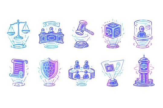 Colorful legal icons representing justice and courtroom themes