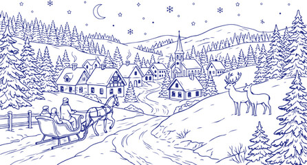 Winter village scene with horse drawn sleigh and reindeer in snowy landscape with moon and stars. © Sadhin