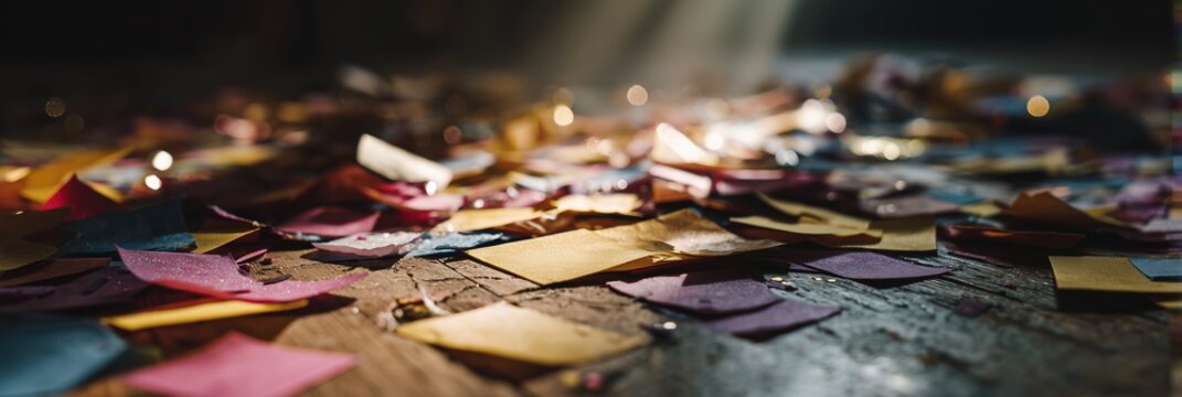 Colorful confetti pieces scattered on floor. Blurred bokeh lights in background, suggesting party aftermath or celebration