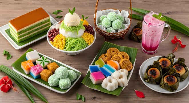 Variety of Colorful Malay Kuih Muih, Cendol with Ice Cream and Pink Rose Milk Drink.