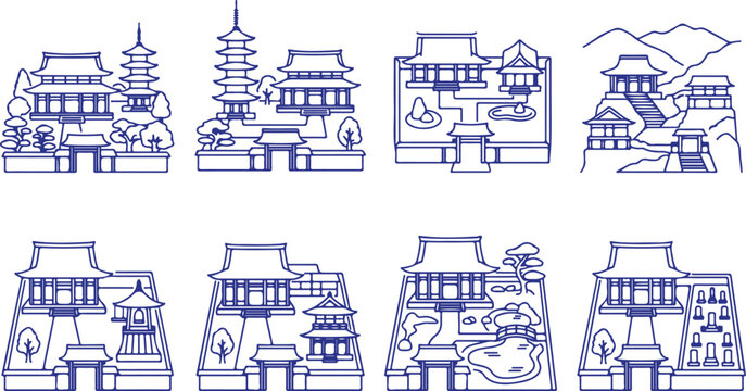 Traditional Japanese architecture set with temples pagodas and garden elements clean line art vector illustrations.