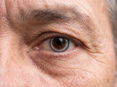 A close-up detail of the eyes of an adult man suffering from hypercholesterolemia, a faint gray-white ring visible around the iris, showing the typical sign of long-standing lipid deposits in the bloo