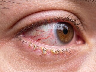 Fototapeta premium A macro photograph of an eye suffering from acute conjunctivitis, the white part crisscrossed by a dense network of bright red capillaries with the eyelashes partially matted by a yellowish discharge,