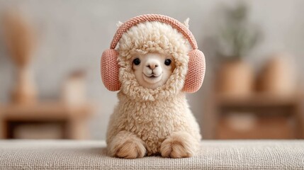 Fototapeta premium Adorable alpaca with fluffy fur and pink headphones enjoying music in a cozy indoor setting