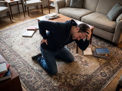 An overhead ceiling shot of a man kneeling on the living room rug due to kidney stones, slouched forward with an arm pressed tightly against his side in the middle of an excruciatingly painful spasm,