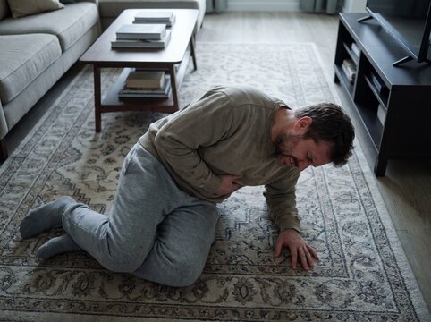 An overhead ceiling shot of a man kneeling on the living room rug due to kidney stones, slouched forward with an arm pressed tightly against his side in the middle of an excruciatingly painful spasm,