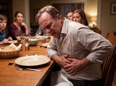 A man suffering from gallbladder stones sitting at the dining table right after a heavy dinner, having pushed his plate away with a pale face covered in sweat while pressing his right hand under his r