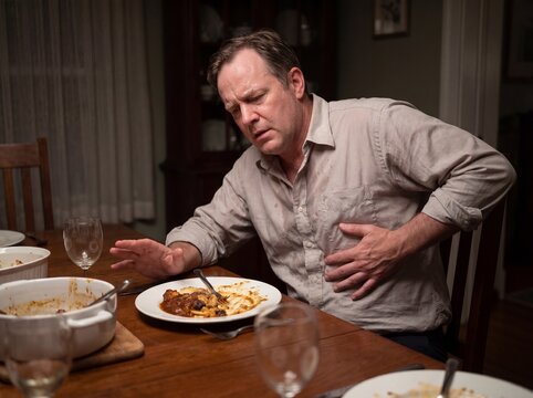 A man suffering from gallbladder stones sitting at the dining table right after a heavy dinner, having pushed his plate away with a pale face covered in sweat while pressing his right hand under his r