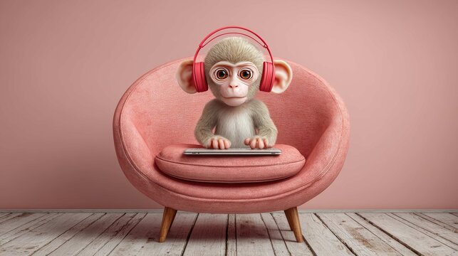 Cute cartoon monkey with headphones sitting on a pink chair using a laptop in a cozy setting