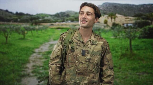 Man in camouflage uniform with dogtags and backpack walking on a dirt path smiling in forest; pride duty.