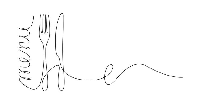 animated minimalistic continuous line drawing of the word menu with fork and knife, clean modern design concept for restaurant menus line art animation