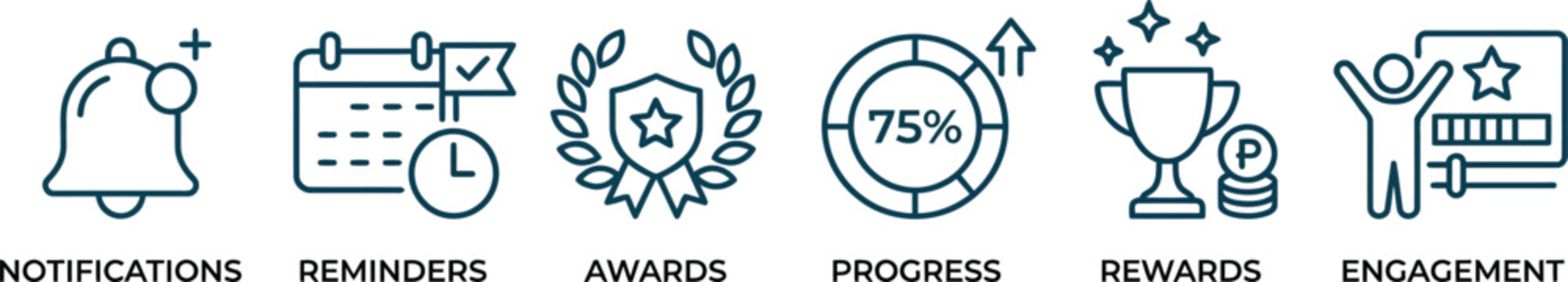 Line icons visualize student notifications and learning progress.
