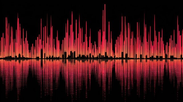 Glowing red sound wave visualization rises above a dark urban skyline silhouette reflected in water
