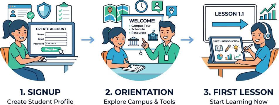 Students engaging in an orientation process and starting their first.